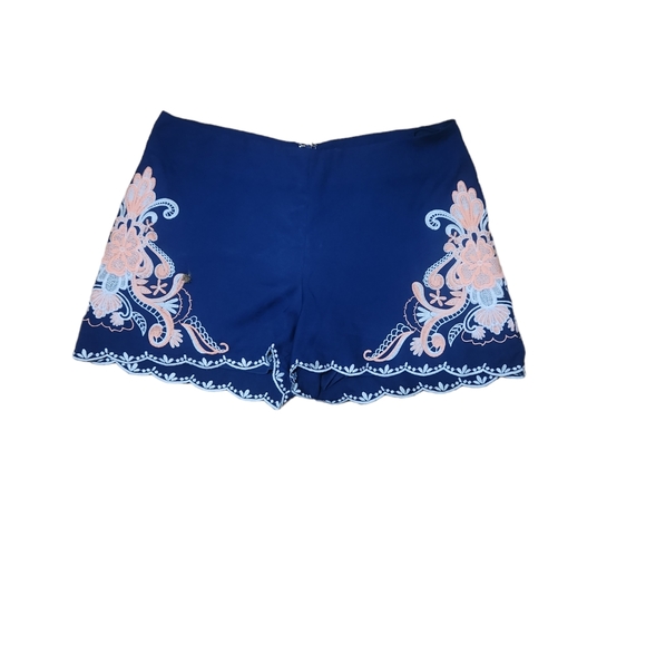 Alya Pants - Alya women's Blue Shorts with Peach Embroidered Design Size Small